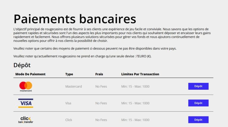Rouge Casino moyens paiement